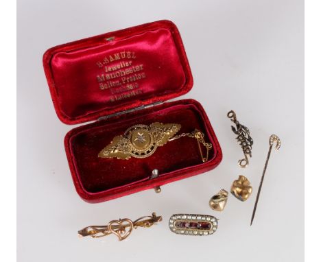 Victorian 15ct gold brooch set with central round diamond, 4.6g, 9ct gold bar brooch with love heart 1.7g, 9ct gold seed pear