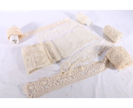 Length of embroidered net lace with couched edge flowers and scalloped edge, 9cm x 320cm, a length of chain edged embroidered