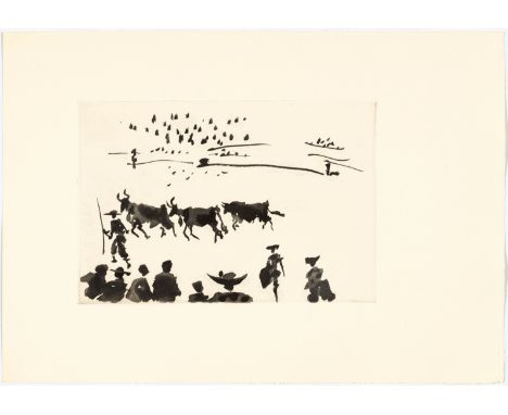 PABLO PICASSO(Málaga 1881–1973 Mougins)Los Cabestros retiran al Toro Manso. 1957.Aquatintaradierung. Aus der Auflage von 250.