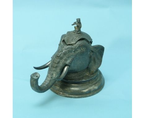 A late Victorian electroplate Brittania metal Inkstand, by Mappin & Webb, in the form of an Indian elephant head, the hinged 