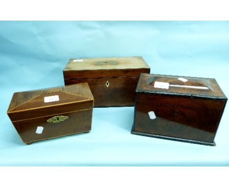 A Georgian mahogany Tea Caddy, the hinged lid with sunken brass handle, 12in (30.5cm) wide, together with two other tea caddi