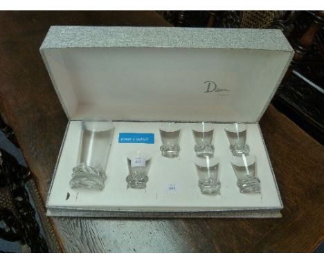 A Daum France seven-piece Cocktail Set, comprising a jug and six drinking glasses, signed "Daum France" and "Nobel. Bozel", l