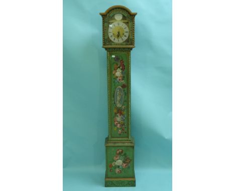 A mid-20thC painted walnut 'Granddaughter' Clock, with an arched brass dial inscribed Tempus Fugit, the green ground trunk an