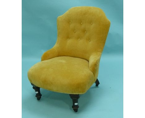 A Victorian button back Tub Chair, upholstered in gold velvet, together with another button back chair (2)