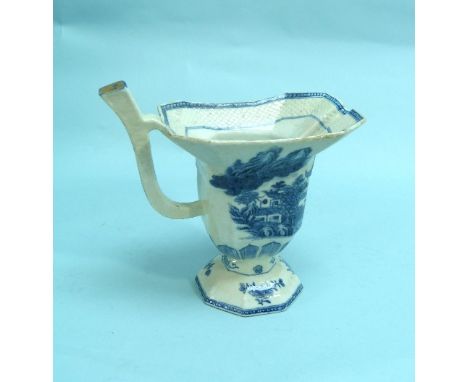 A 19thC Chinese export blue and white porcelain helmet Jug, painted with the willow pattern, 5¾in (14.5cm) high.