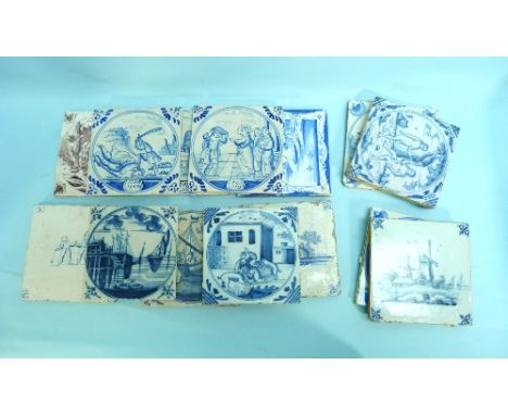 Delft Tiles; ten various 19thC blue and white tiles, figural and marine subjects, and a puce tile painted with a landscape, t