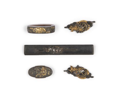 A WROUGHT IRON SWORD MOUNT SETon the theme of Kabuto, Sahai, and whip in golden inlay including Fuchi & Kashira with Shitodom