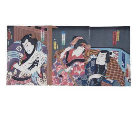 A GROUP OF TWO PRINTS BY UTAGAWA KUNISADA I (Toyokuni III) (1786-1864)Kabuki play Ca 1860 Edo periodŌban tate-e triptych Japa