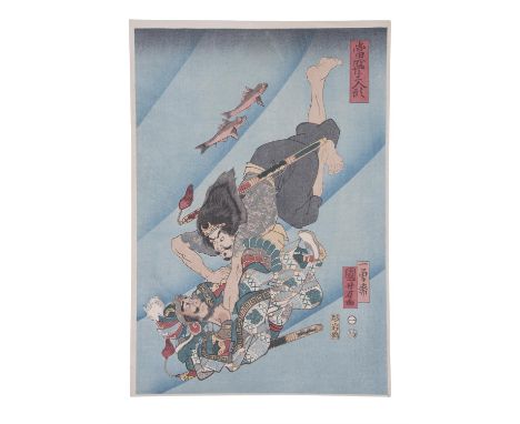 A GROUP OF THREE PRINTSUTAGAWA KUNIYOSHI (1797-1861)The tattooed character Tanmeijirō Genshōgo fighting underwaterEdo period 