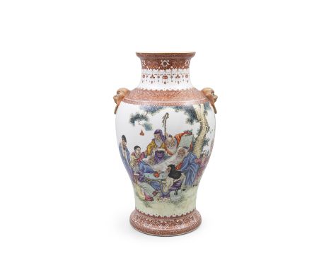 A CHINESE BALUSTER VASE 民国 粉彩五老图 China, Republican period painted with scholars and infants in a garden setting, applied with