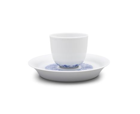A BLUE AND WHITE LOTUS CUP AND SAUCER, MARK AND PERIOD KANGXI (2) 清康熙 缠枝莲纹青花杯碟一套 China, 18th century Saucer: D. 11.5cm Cup: H