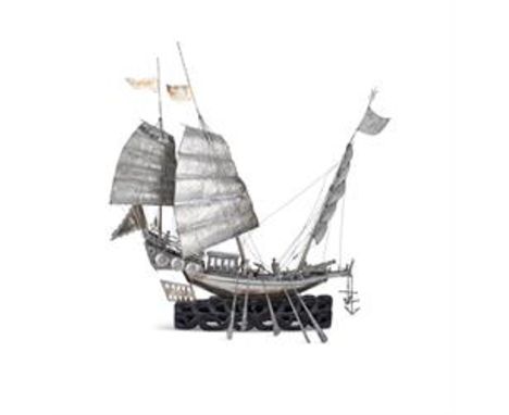 AN EXQUISITE SILVER NAVAL BATTLESHIPVietnam, early 20th centurysilver, a filigree three-mast ship with intrecciato-woven patt