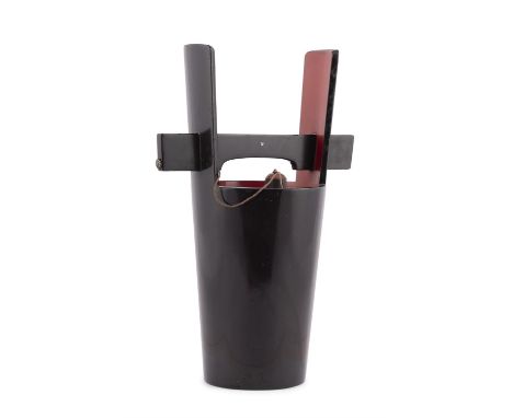 WATER CONTAINER of the Edo period, in red & black lacquered wood with carrying handle, its original stopper, and a side peg f