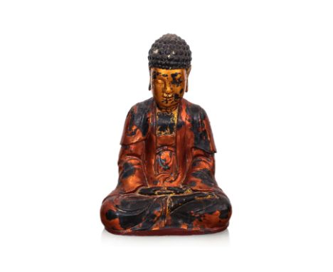 A LARGE VIETNAMESE LACQUERED AND GILT BUDDHA STATUE 19th Century, lacquered, gilt and bronzed wood statue of Buddha seated in
