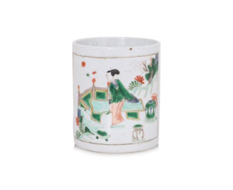 A FAMILLE VERTE BRUSH POT Probably Kangxi, cylindrical brush pot decorated in panelled scene of lady in garden, the reverse p