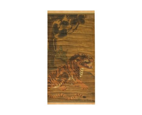 JAPANESE / KOREAN SCHOOL - A TIGER BENEATH A PINE TREE 18th/19th Century or earlier, ink and colour on silk, scroll backing, 