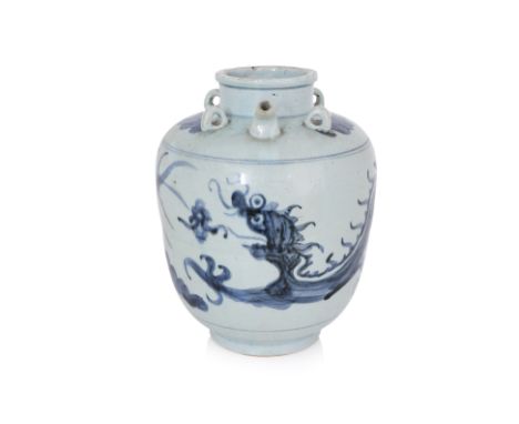 A LARGE BLUE AND WHITE DRAGON DECORATED WINE JAR
Ovoid jar covered in pale blue glaze decorated in a continuous flying dragon