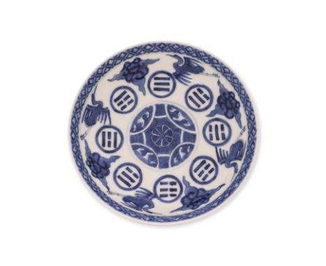 A BLUE AND WHITE CRANE AND EIGHT TRIGRAMS PORCELAIN SAUCER DISH Guangxu mark and believed of the period, decorated with eight