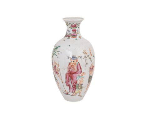 A FAMILLE ROSE 'ZHONG KUI' VASE Early 20th century, ovoid form vase with wide rounded shoulders, decorated in Zhong Kui stand