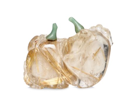 A RUTILATED QUARTZ TWIN PEACH FORM SNUFF BOTTLE Transparent quartz with gold-toned needle inclusions, modelled as peaches on 
