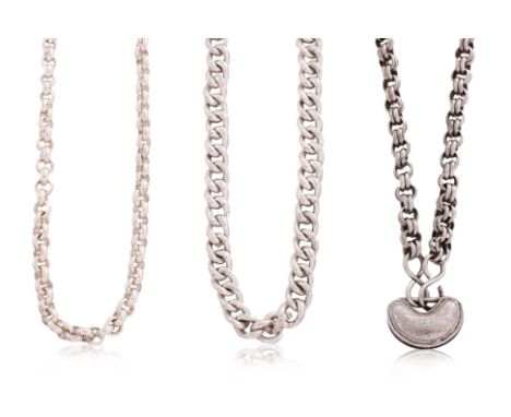 A GROUP OF THREE SILVER CHAINS
A curb-link chain with clasp inscribed 925; a graduated hoop-link chain with 's' shaped clasp;