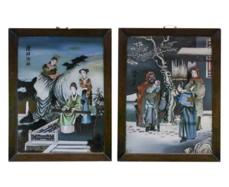TWO REVERSE GLASS PAINTINGS Circa early 20th century, a lady playing guzheng instrument along with two other ladies in garden