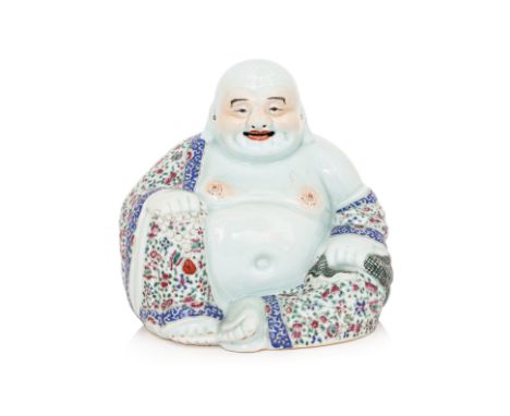 A FAMILLE ROSE PORCELAIN MODEL OF BUDAI
1st half 20th Century, modelled seated, holding a string of beads and a sack, the rob