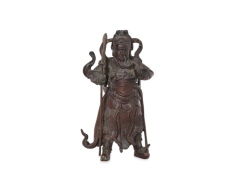 A STANDING BRONZE FIGURE OF GUANDI Solid cast bronze, modelled wearing a floating celestial scarf and robe over armour, his l
