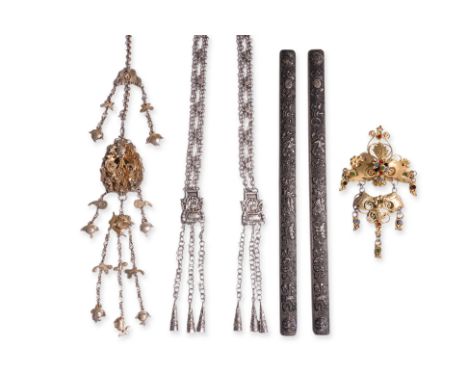 A GROUP OF SILVER JEWELLERY
Qing dynasty, a silver-gilt butterfly and flower-form fragrance carrier on chain with tasselled c