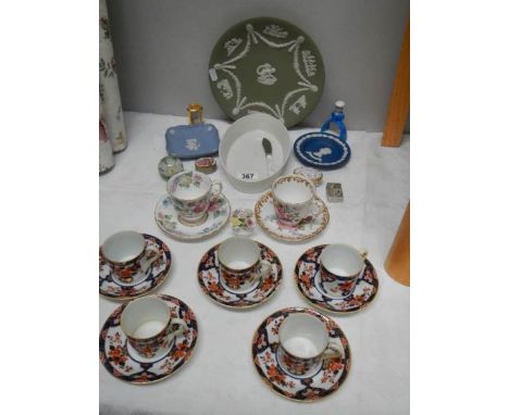 5 Noritake coffee cans with saucers, 2 Crown Staffordshire tea cups with saucers, 3 items Wedgwood Jasper ware, trinket pots 