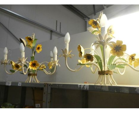 A pair of 6 lamp ceiling lights with floral decoration