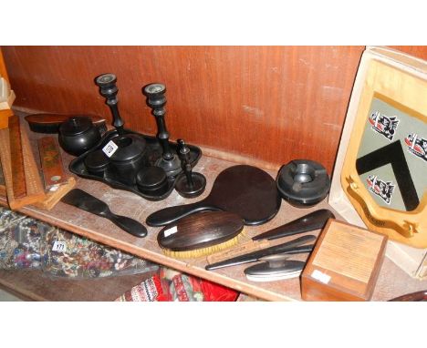 A mixed lot including cribbage boards, climax neckbands, Grimsby heraldic plaque, jewellery box and dressing table items