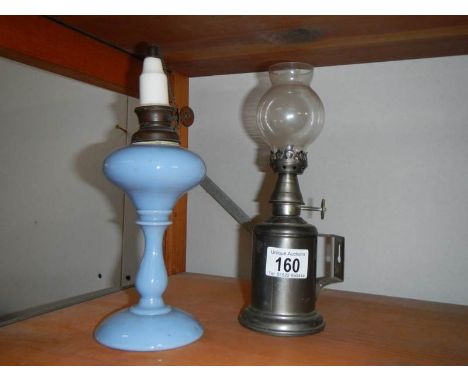 A French pigeon lamp and one other oil lamp