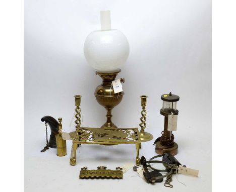 Brass oil lamp, 56cms high overall; along with a selection of brass ware, including: a pair of candlesticks; 'God Save the Qu