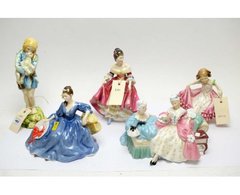 A Royal Doulton figure group of 'The Love Letter', HN2149; together with four other figures, comprising: a Royal Doulton figu