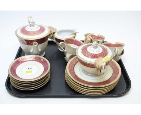 Noritake tea service, decorated with a cream border within outer borders in red and gilt, comprising tea pot, six trios, crea