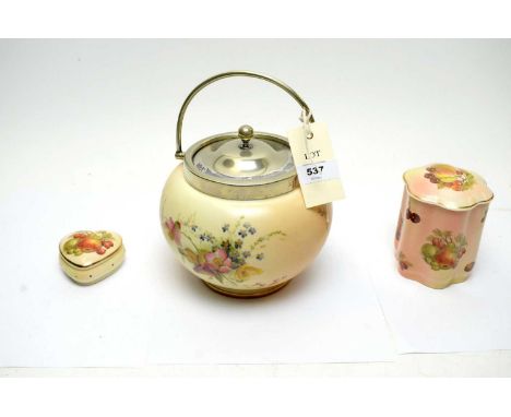 Royal Worcester biscuit barrel, handpainted with floral sprays, with silver plated collar, handle and lid, 15cms high; along 