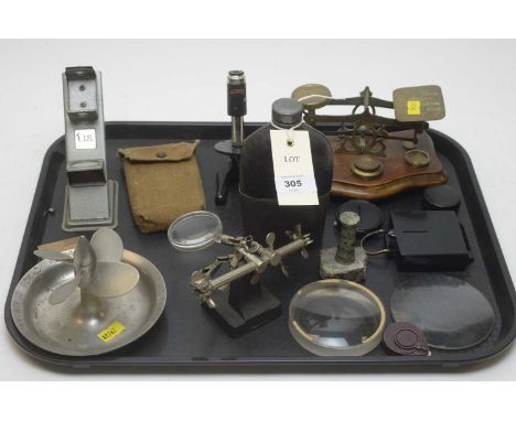 Set of brass postal scales and weights; along with an Octopus miniature microscope; Nimrod hip flask; selection of pocket com