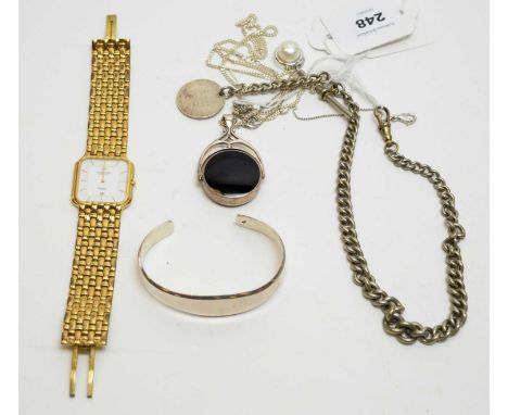 A Raymond Weil gilt metal cased wristwatch; a malachite and onyx set silver swivel fob on chain; a silver Albert chain; a cul