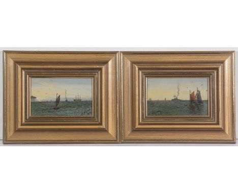 T*** Nolder - Sailing boats and warships, signed and dated 1918, oil on panel, each 10 x 17cms, in gilt frames. (a pair)