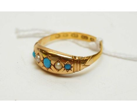Turquoise and seed pearl ring, on 22ct yellow gold shank dated Birmingham 1914, ring size P.
