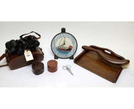 Pair of Ross London Stepnada binoculars, in carry case; along with a mahogany brush and shovel; collapsible tumbler in alliga