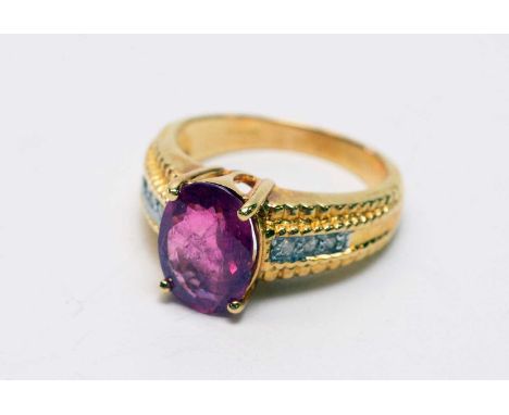 Ruby and diamond ring, on 18ct yellow gold shank, ring size N.