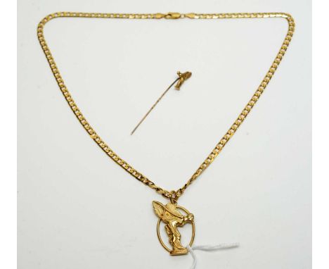 A 9ct. yellow gold Spirit of Ecstasy pendant on curb link chain; together with a similar tie pin, 23.0grms gross.