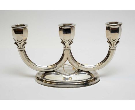800 standard Continental silver three-branch candelabra, with detachable drip pans.