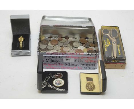 Lady's Avia Quartz wrist watch, in box; along with a selection of mixed coinage; commemorative tie clip; Golden Age 'Pinkers'