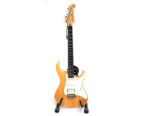 A Yamaha Pacifica Guitar, played by Jim Crawford, The Gamblers, natural body, fitted with two single coils and one humbucker,