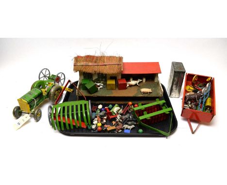 Mettoy tin plate model of a tractor; along with a selection of other model farm items including animal figures and farm build