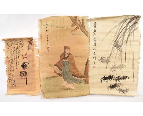 A Chinese scroll painting, watercolour on paper, depicting a figure of a sage holding a gnarled staff in a landscape, approxi