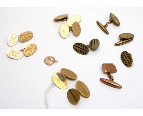 Four pairs of cufflinks, two stamped '9ct', one '10ct' and one '18ct'; a pair of 9ct gold and enamel cufflinks (missing one p